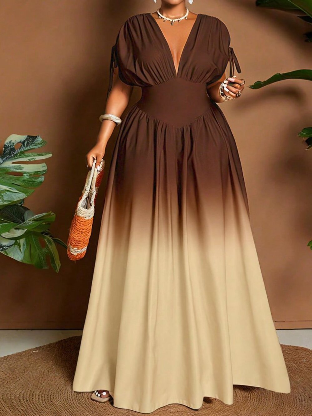 Multicolor Casual Women's Ombre Tie-Front Bowknot V-Neck A-Line Maxi Dress - Picture 3 of 7